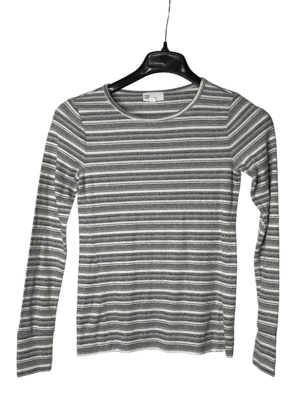 Gap Feather Tee Long Sleeve Top Size XS Striped Grey Silver White Sparkly